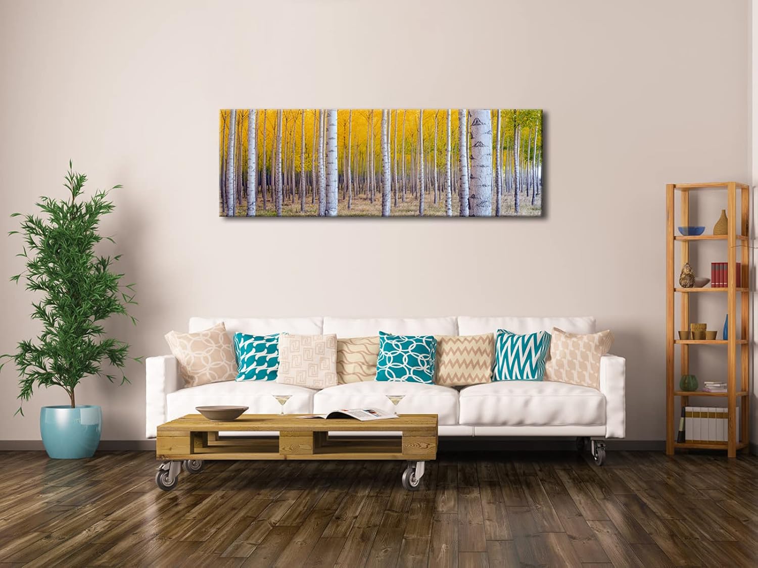 Pyradecor Canvas Prints Wall Art White Birch Trees Pictures Paintings for Living Room Home Decorations Large Autumn Forest Modern Stretched Yellow Landscape Artwork 48x16
