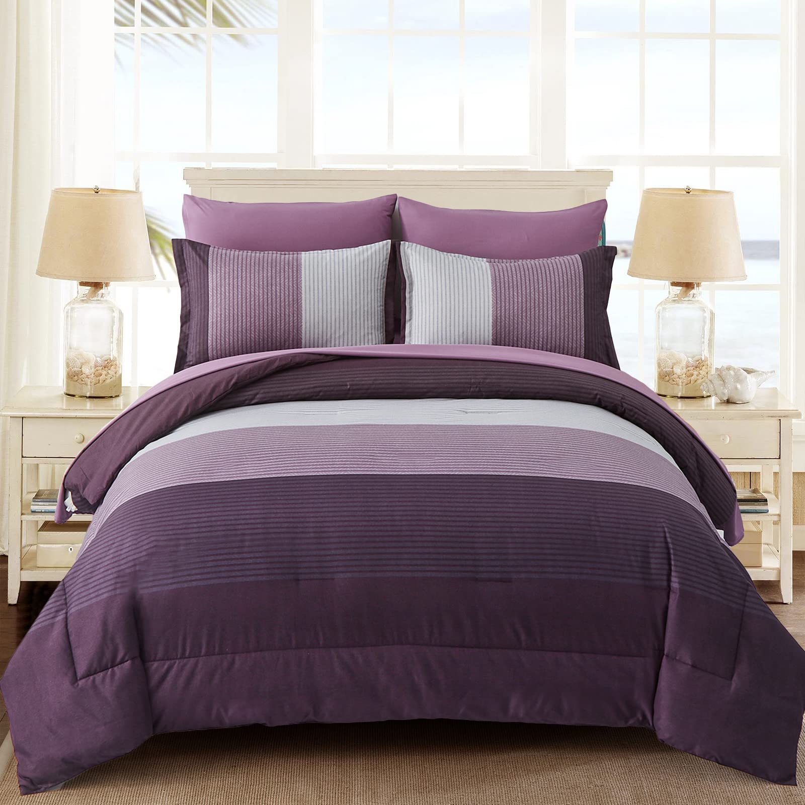 Yiran 7 Piece Purple Comforter Set Queen Size Bed in A Bag Bedding Sets for All Season -1 Comforter,1 Flat Sheet,1 Fitted Sheet, 2 Pillowcases, 2 Pillow Shams