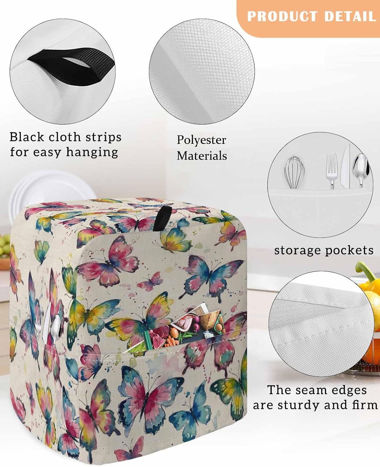 Colorful Butterfly Stand Mixer Cover with Storage Pocket,Waterproof Kitchen Mixer Covers,Elegant Pastoral Butterflies Rustic Watercolor Kitchen Appliance Dust Cover Compatible with 4/4.5 Quart Mixers