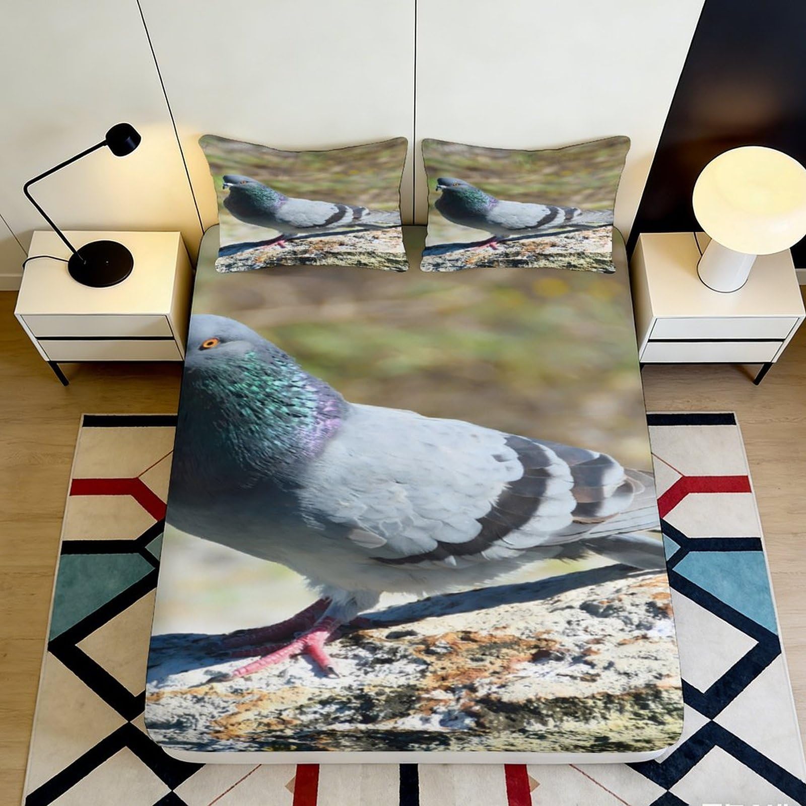 3D Printed Pigeon Photography Fitted Sheet Microfiber Soft Breathable Urban Bird Mattress Cover for Bedroom Dorm Decor 160x200x25cm