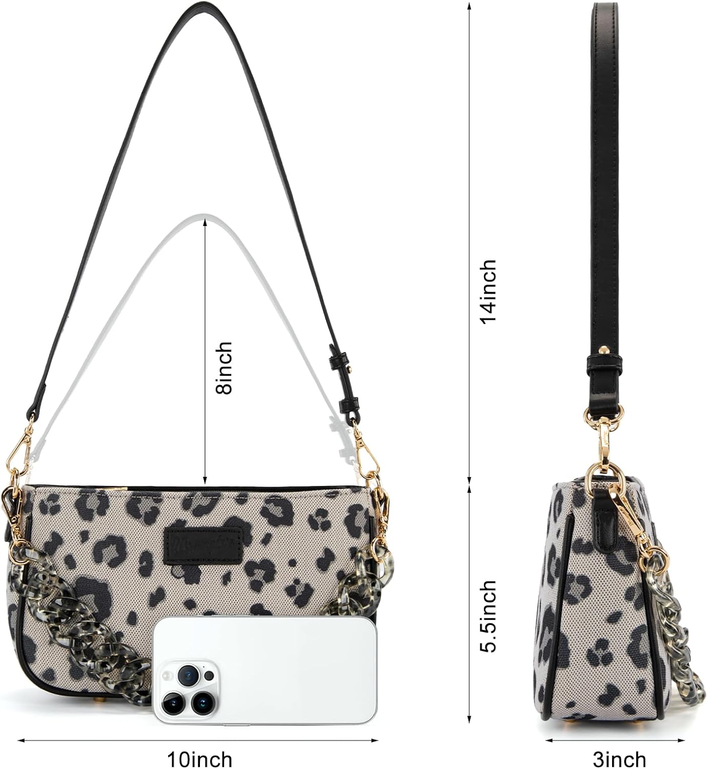 Wrangler Small Women's Shoulder Bags Purses Retro Leopard Clutch Hobo Tote Handbag with Acrylic Chain