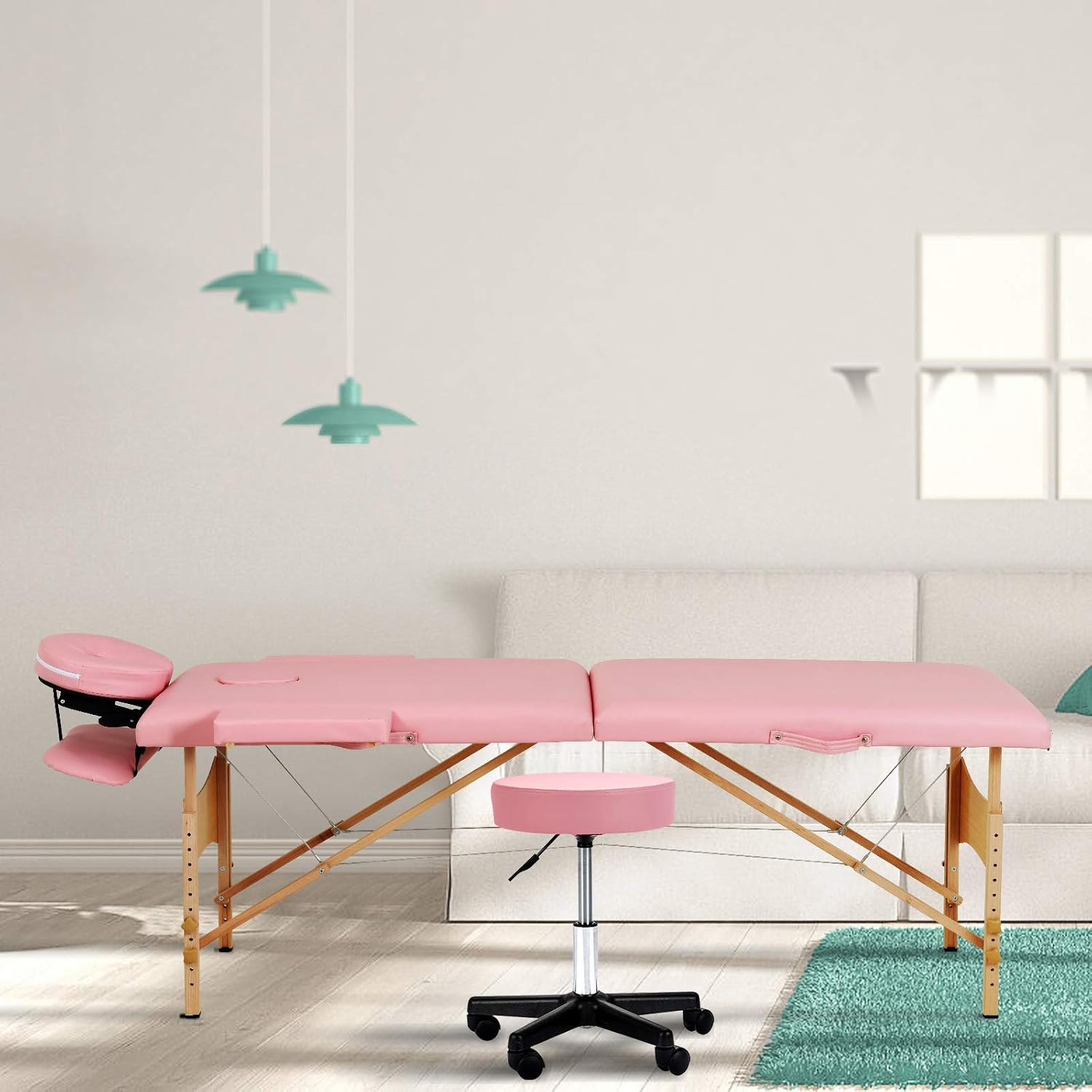 Uenjoy Folding Massage Bed with Stool, 84'' Professional 2 Fold Lash Bed with Head-& Armrest (Standard, Light Pink)