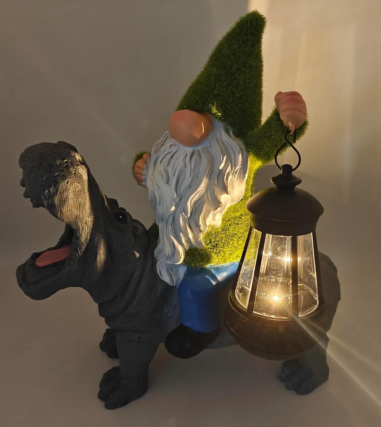 11.8" Gnome Riding Hippo Solar Statue Gnome Solar Statues with Solar Lantern Hippo Solar Lights for Outdoor Decor Patio Balcony Yard Lawn Unique House Warming Gift
