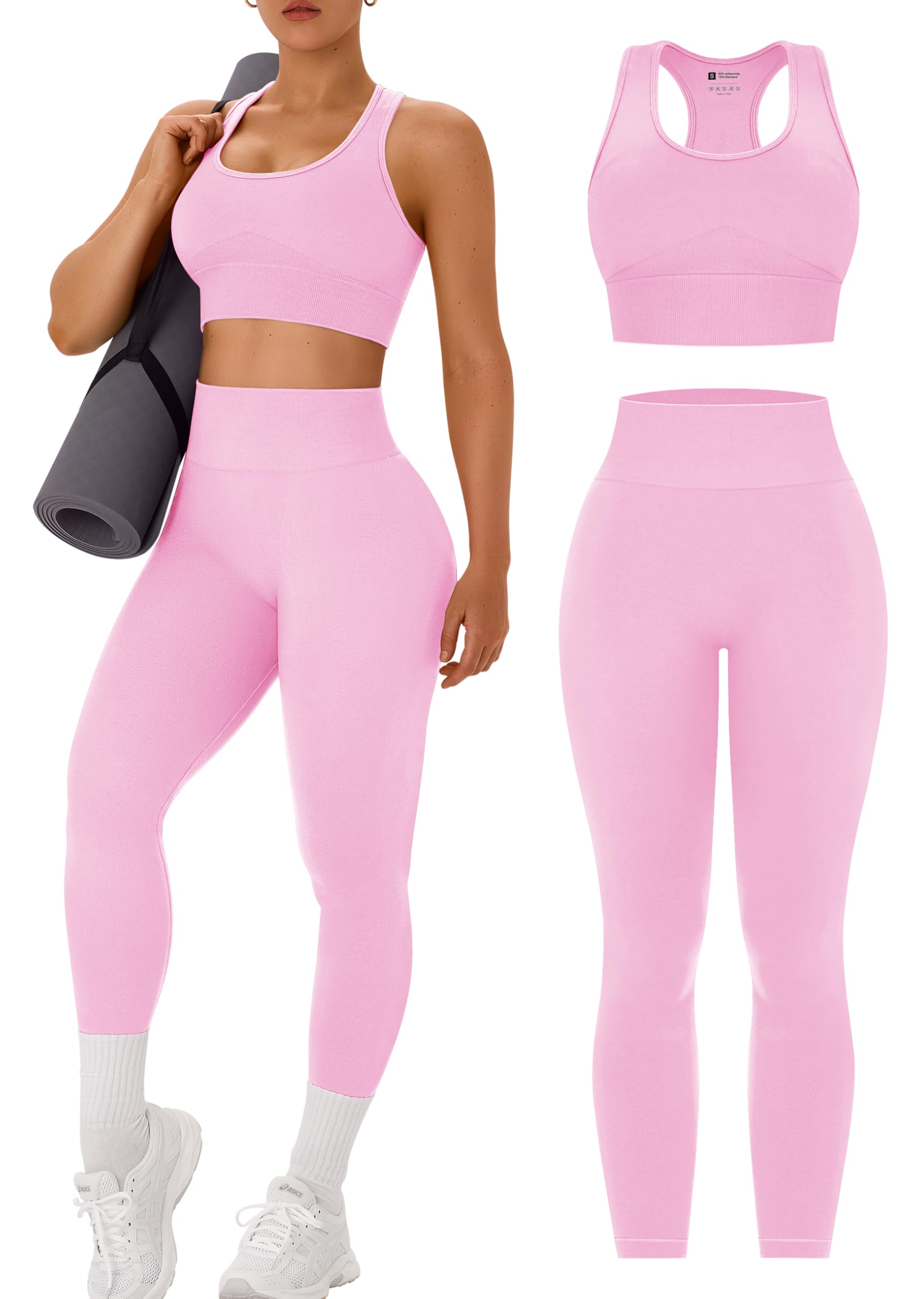 Photo 1 of ***** DIRTY***OLCHEE Womens Workout Sets 2 Piece - Acid Wash Seamless Yoga Outfits High Waist Leggings Padded Racerback Sports Bra Gym Set - Solid Light Pink X-Large