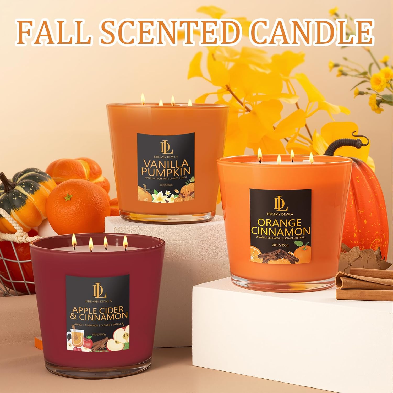 Large Fall Candle Orange Cinnamon Scented, 4 Wick Natural Soy Candles for Home Scented, 30oz Big Autumn Candle Long Lasting, Home Aromatherapy Candles Housewarming Gift for Women Men - Image 7
