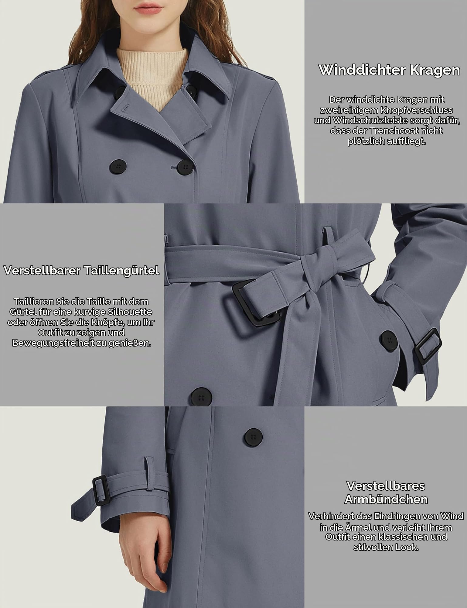 Wantdo Trenchcoat Damen Lang Übergang Jacke mit Schulterklappen