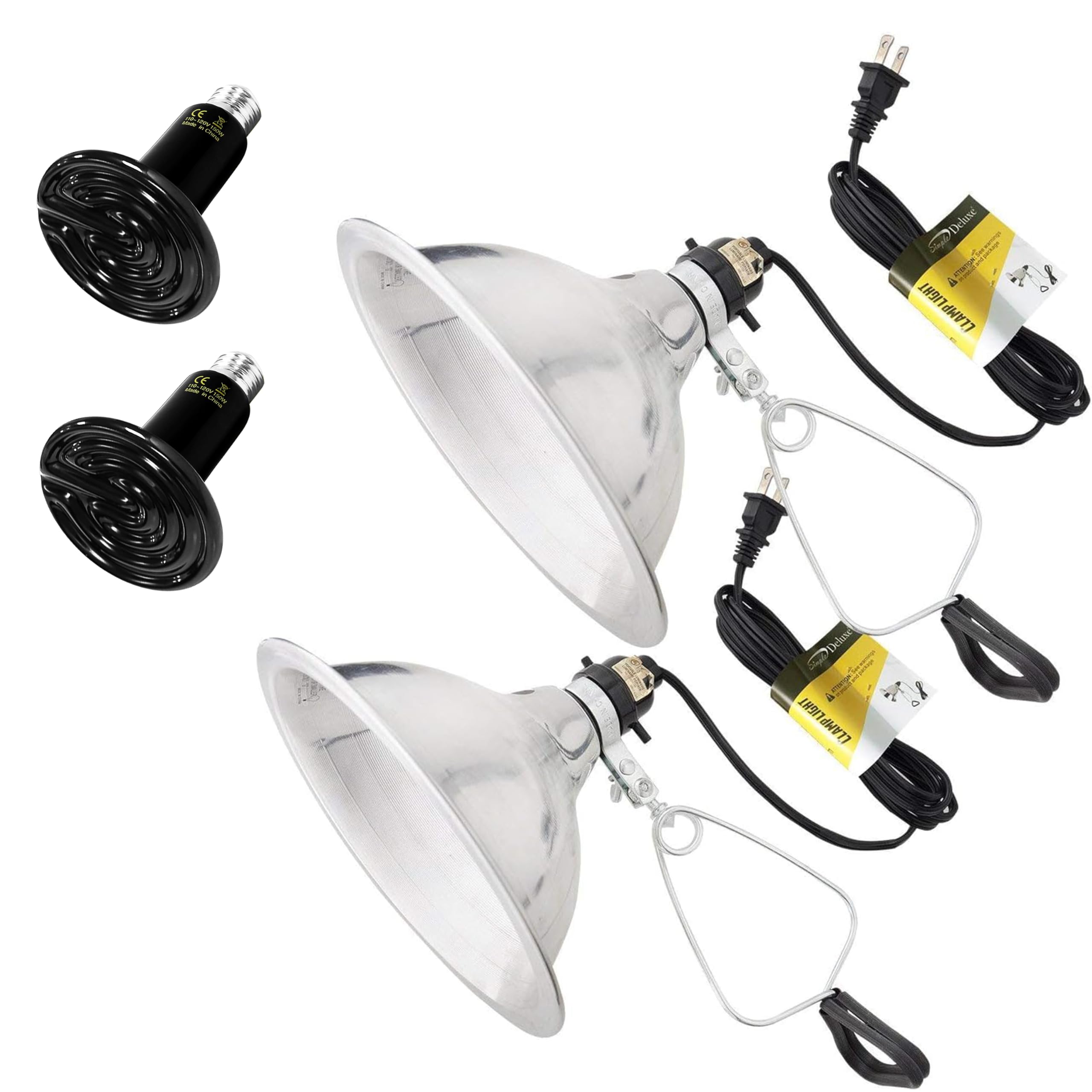 Simple Deluxe 150W Ceramic Reptile Heat Lamp Bulb & 150W Clamp Light with 8.5" Aluminum Reflector Combo for Amphibian Pets, 2-Pack