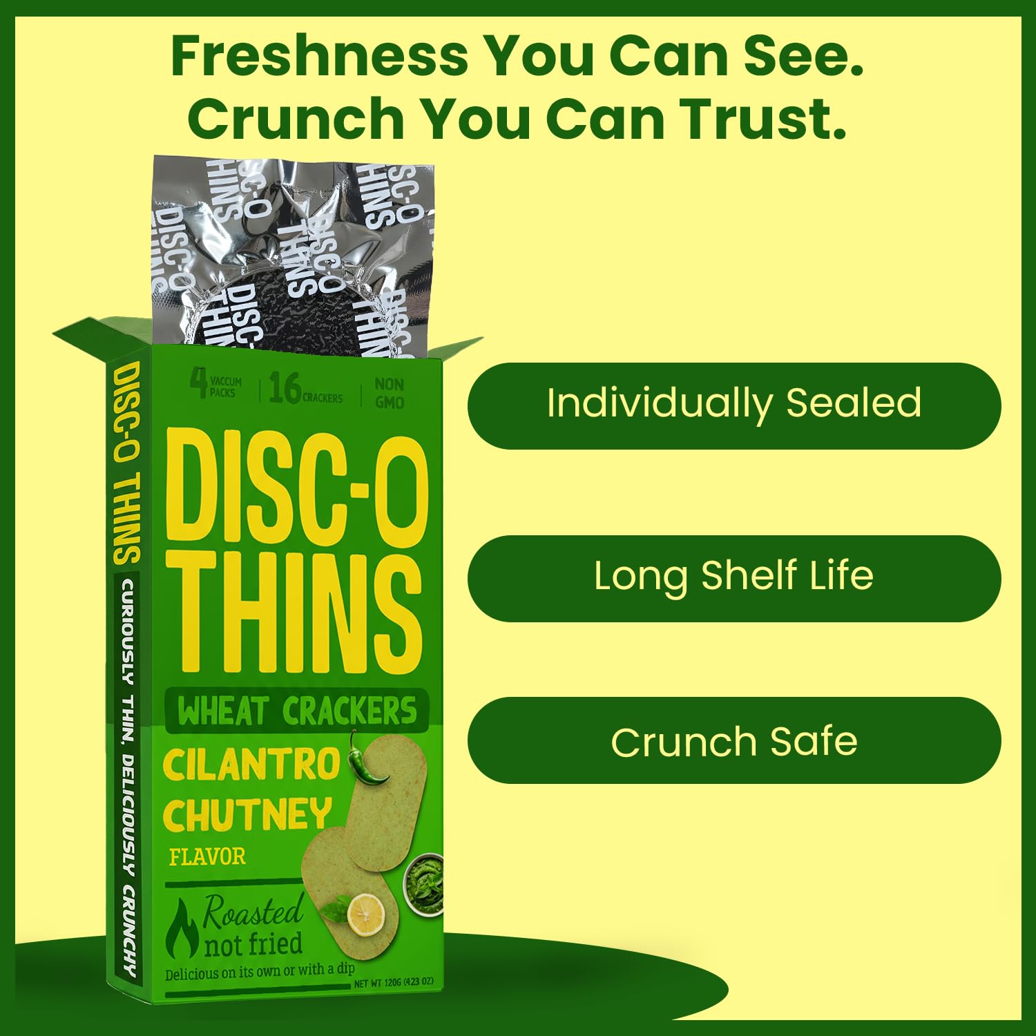 Disc-O Thins Wheat Crackers Cilantro Mint Flavor (6 Packs) | Thin & Crispy Oven-Baked Crackers | Healthy Family Snacks | Ideal for Charcuterie Boards & Meat Plates | On-the-Go Spicy Crackers for Adults