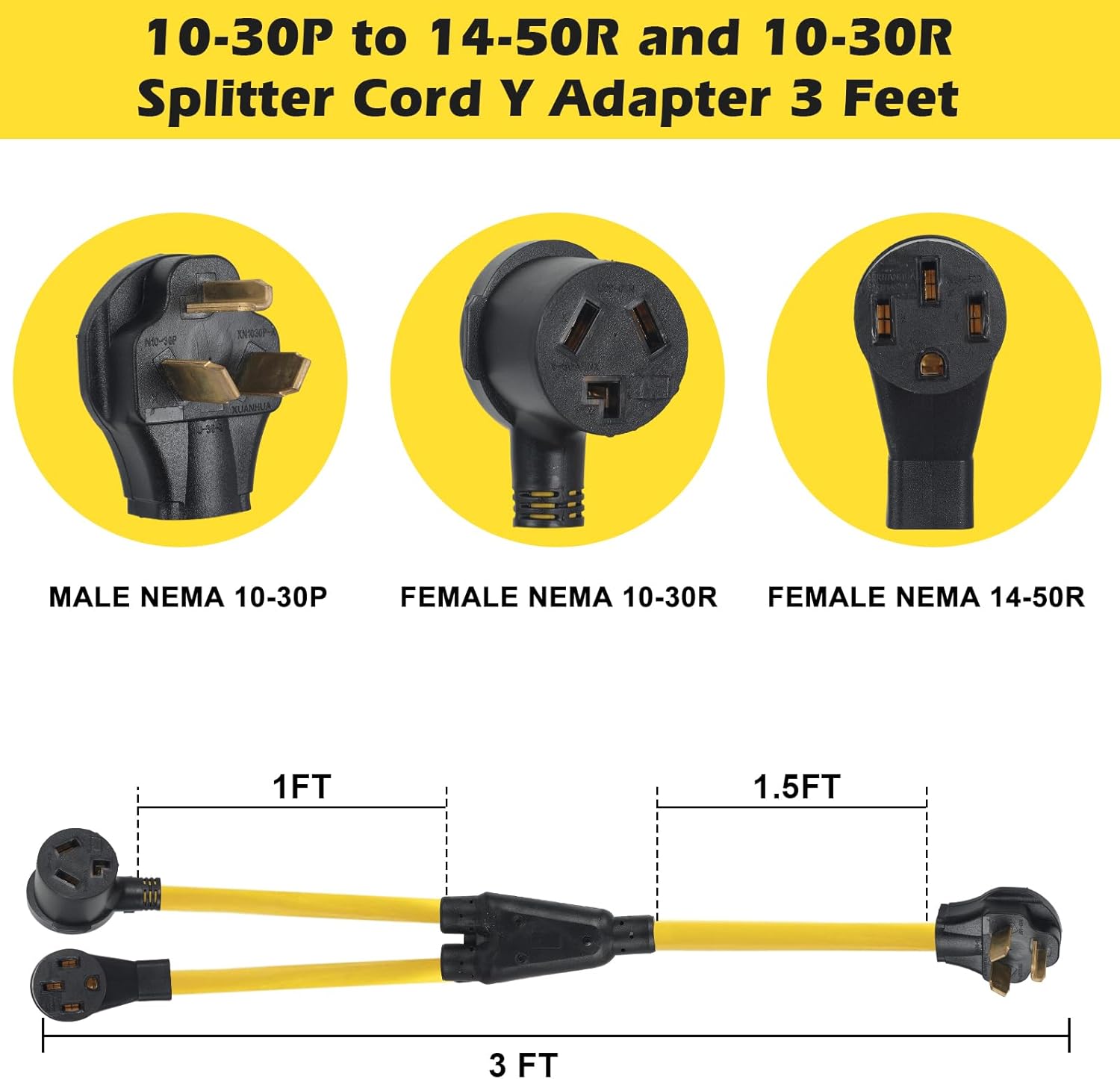 NEMA 10-30P to 14-50R 10-30R Y Splitter Cord Adapter with Safety Ground Wire, ZDHQLHJ 30Amp 10-30 Male Plug to 10-30 Dryer Receptacle & 14-50 RV EV Charging Female Receptacle with Ground Wire, 10 AWG