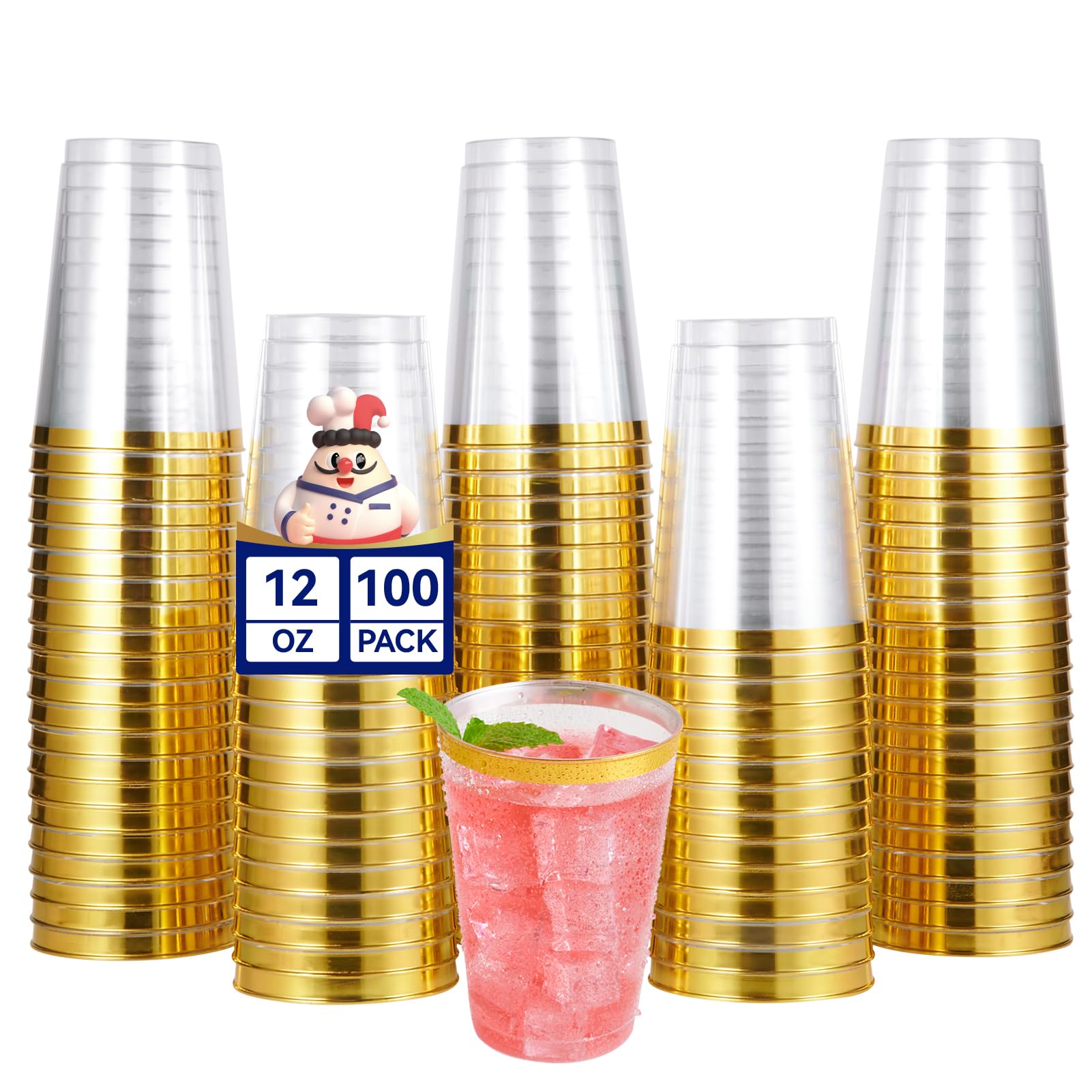 JOLLY CHEF 100 Pack Gold Plastic Disposable Cups, 12 oz Clear Plastic Cups Tumblers, Elegant Gold Rimmed Disposable Glasses for Wedding, Thanksgiving Day, Christmas