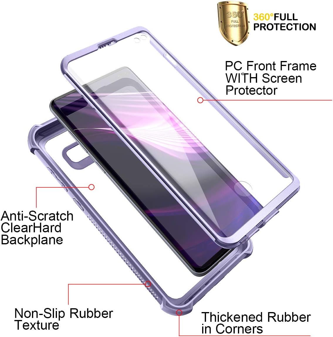 Dexnor Galaxy S10+ Plus Case with Built-in Screen Protector Clear Rugged Full Body Protective Shockproof Hard Defender Dual Layer Heavy Duty Bumper Cover Case for Samsung Galaxy S10 Plus - Purple - Image 4