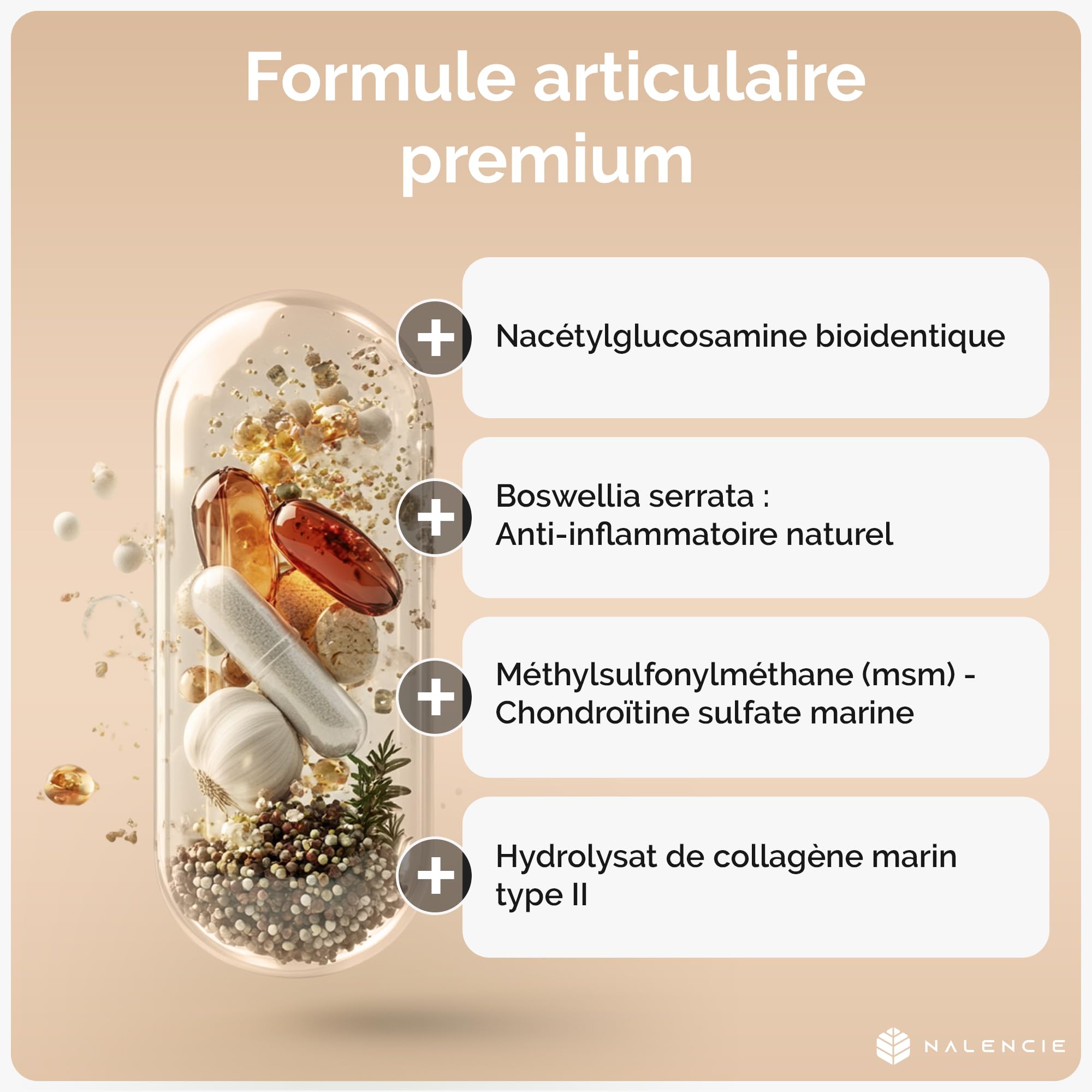 Formule Articulations Complète - Anti douleurs - 7 Actifs : Glucosamine, Chondroïtine Marine, MSM, Collagène Marin, Boswellia, Vitamine C, Magnésium – 60 Gélules – Fabrication Française