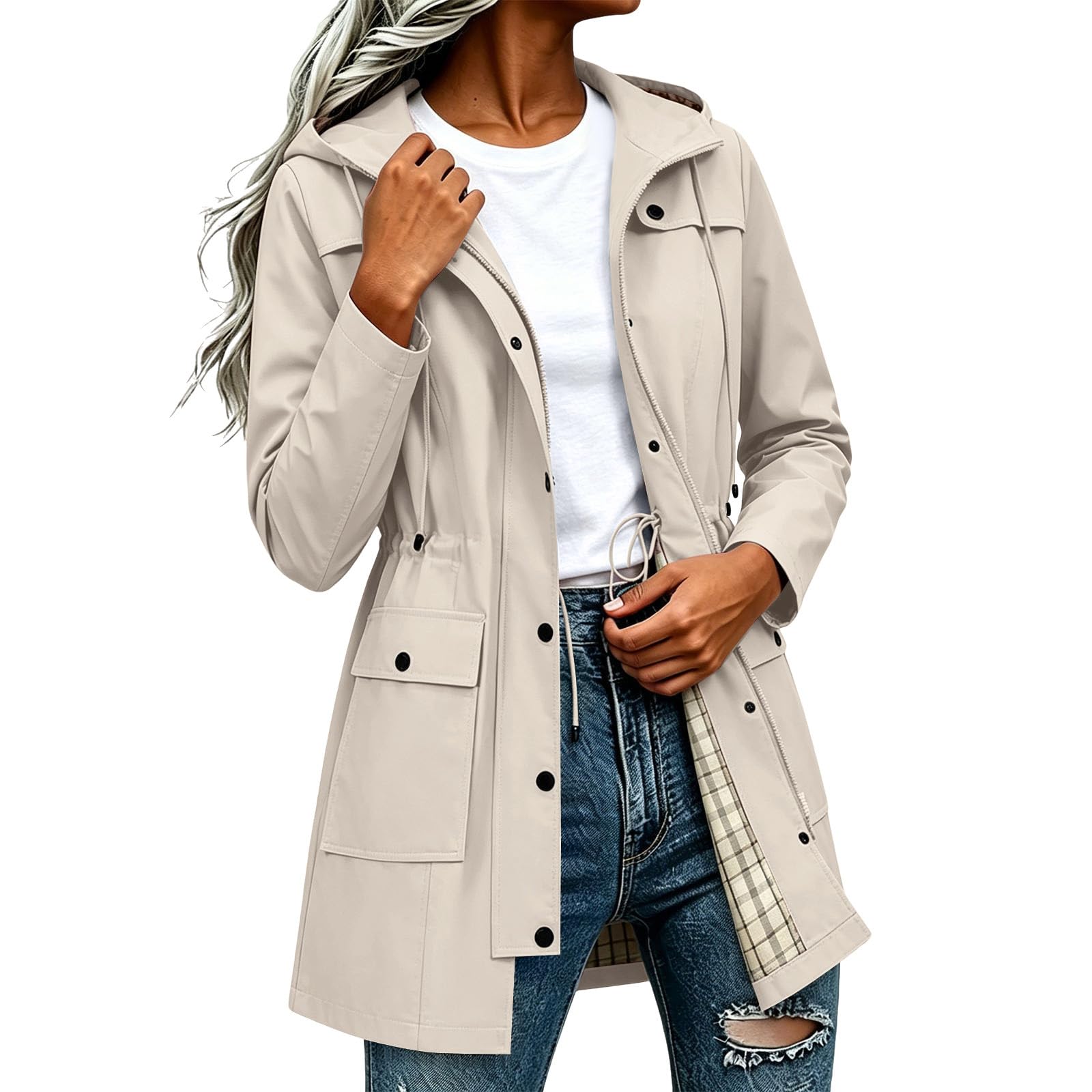 Znwerma womens rain coats waterproof with hood Waterproof Jacket Lightweight for Women Ladies Windbreaker Rain Coats Full Zip Hooded Long Raincoat Casual Hiking Walking Outwear Beige