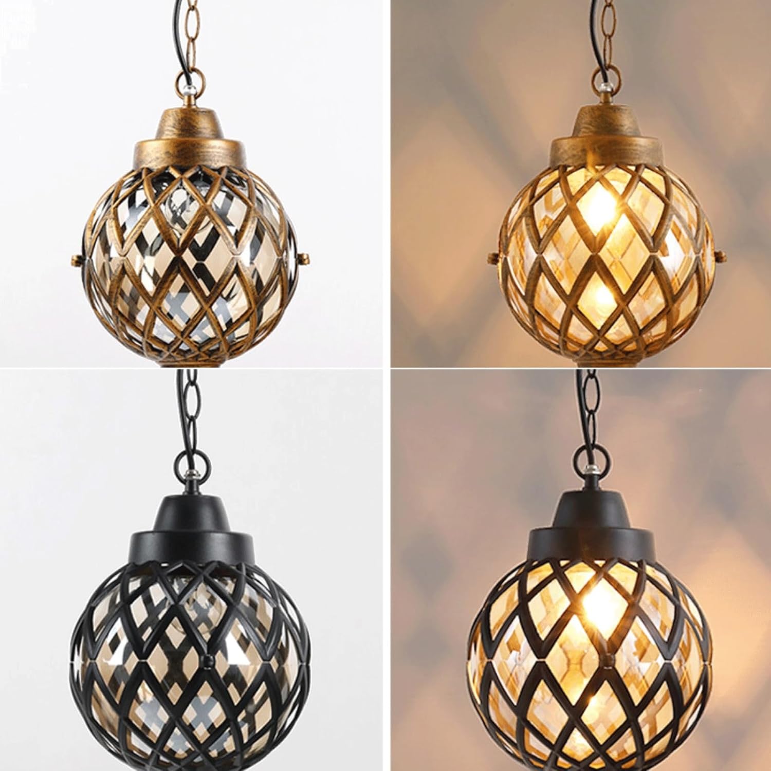 Outdoor Pendant Light, Waterproof Anti-Corrosion Hanging Lantern, European Retro Chandelier with Ornate Aluminum & Glass Globe, Adjustable Chain for Patio, Porch, Balcony, Gazebo(Brass,Medium)