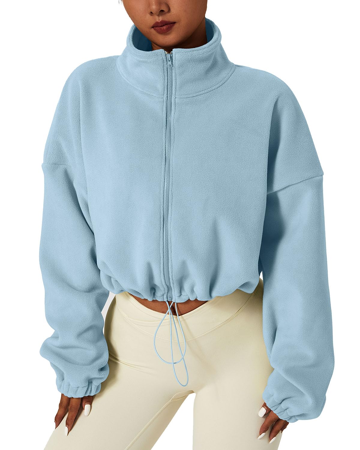 QINSEN Women's Full Zip Fleece Short Jacket Warm Winter Long Sleeve Stand Collar Sherpa Crop Coat