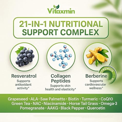 Miniatura 2 de 21 en 1 Biotina Vitamina B3 Hidrolizado Péptidos de Colágeno Anti Envejecimiento Complejo Cápsulas Berberina Resveratrol NAD Suplemento Cápsulas
