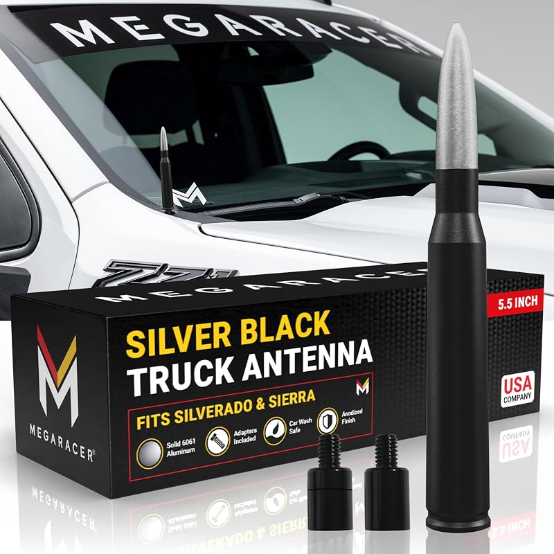 Antena automotiva curta estilo bala em alumínio 6061 anodizado Silver/Black Mega Racer para Chevrolet Silverado e GMC Sierra