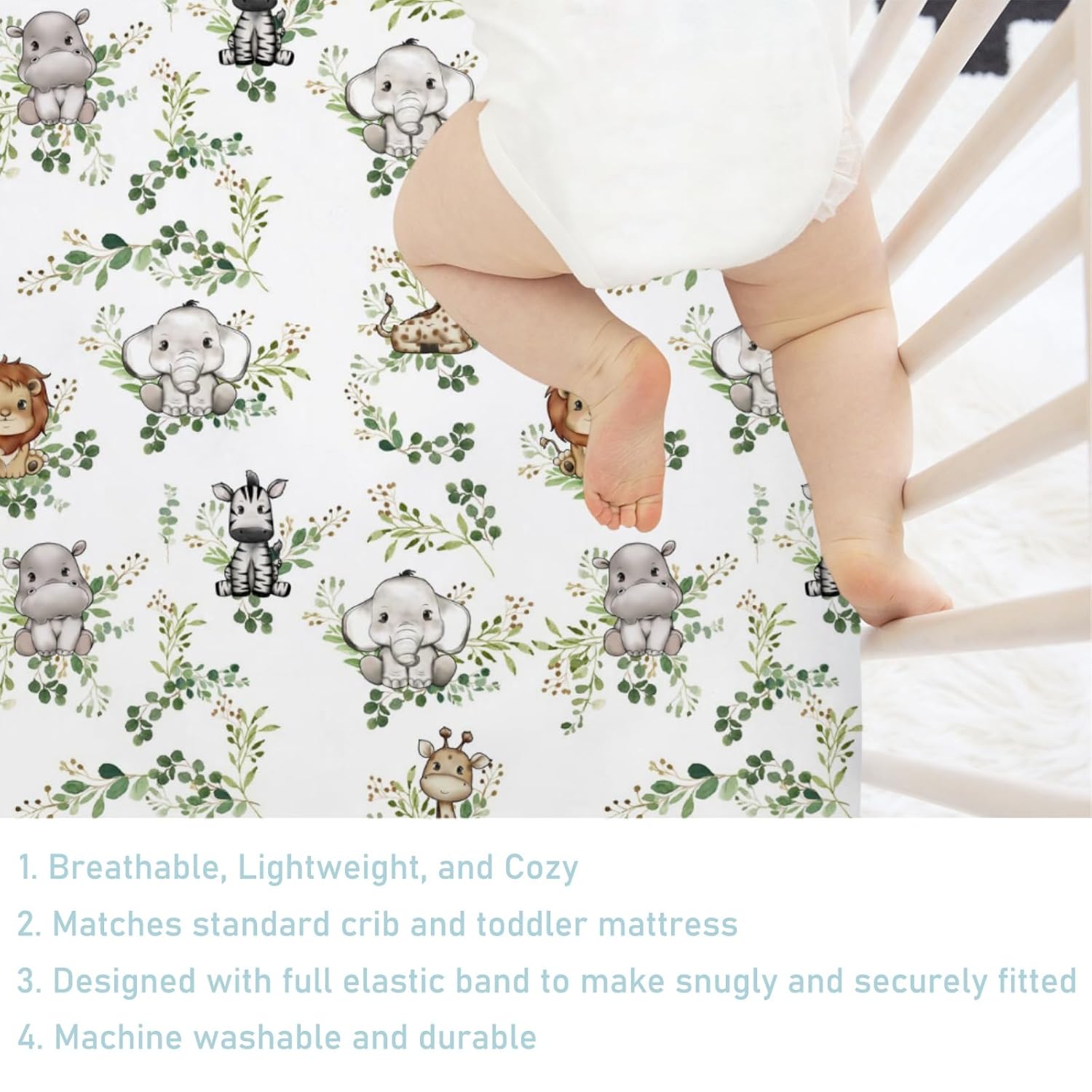 Baby Jungle Safari Animals Green Leaves Crib Fitted Sheet 52''x28'' Lion Hippo Elephant Giraffe Zebra Snug Fitted Crib Mattress Cover for Boy Girl Nursery Bed Sheets for Standard Toddler Mattress