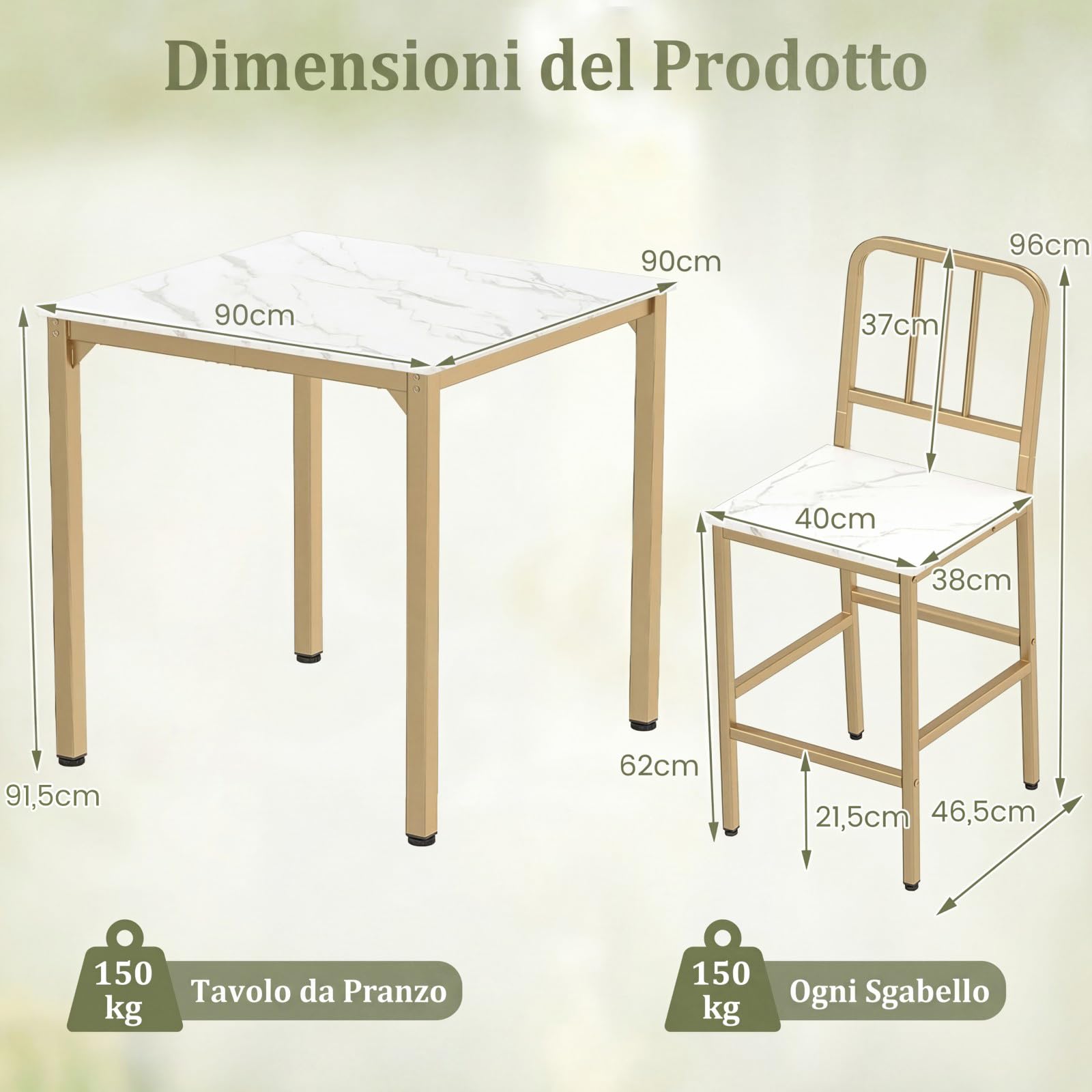COSTWAY Set da Pranzo per 4 Persone, Set Cucina Bar 5 Pezzi con Superficie in Finto Marmo, Tavolo Quadrato in Legno e 4 Sgabelli Alti per Angolo Colazione e Sala da Pranzo (Bianco)