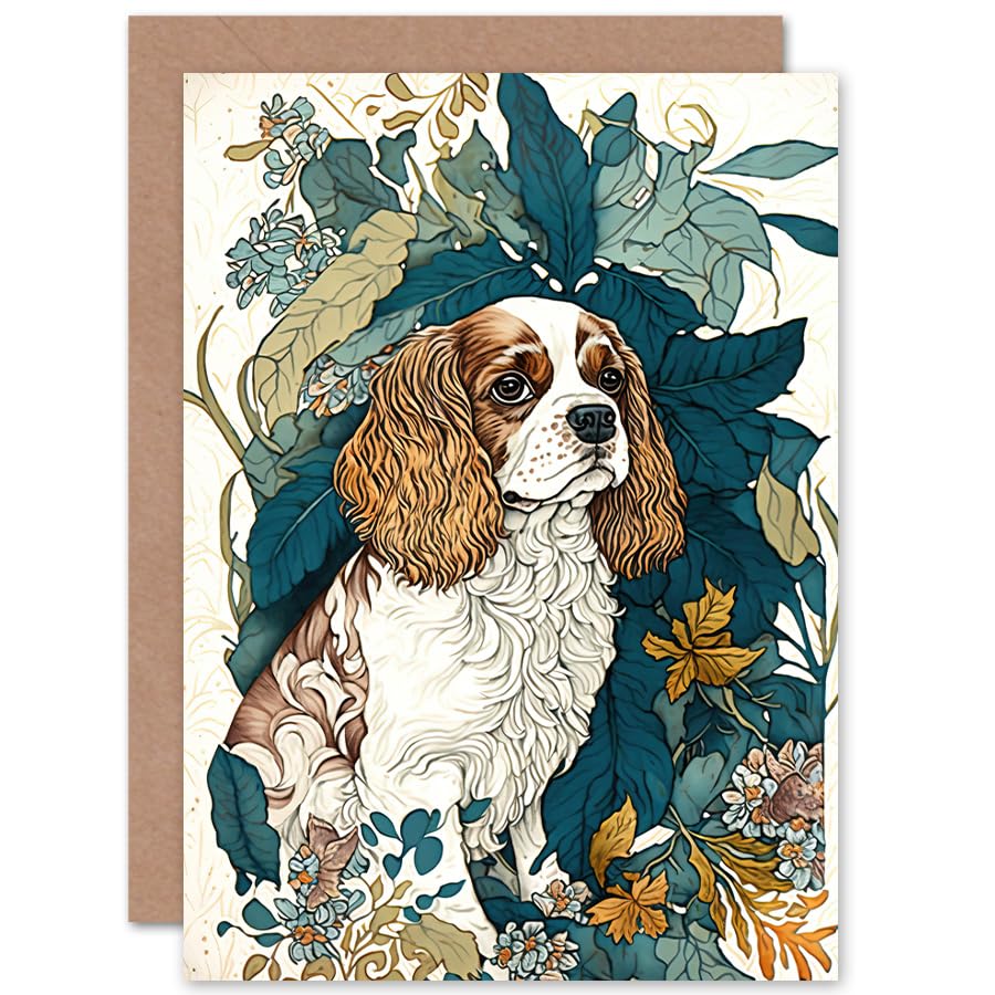 Artery8 King Charles Spaniel Dog in Leafy Plants Modern Illustration Art Birthday Sealed Greeting Card Plus Envelope Blank inside