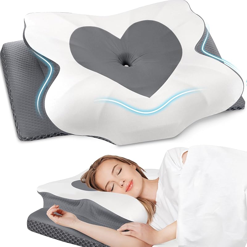 Cervical Neck Pillow, Side Sleeping Pillow, Grey-Queen | Memory Foam Neck Support Pillows for Sleeping, Shoulder Pillow for Side Sleepers, Back Stomach Sleepers