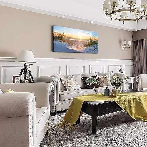 Miniatura 10 de Arte de pared para sala de estar póster con impresión decorativa pintura de paisaje de playa, sol, hierba y océano decoración de habitación, cuarto