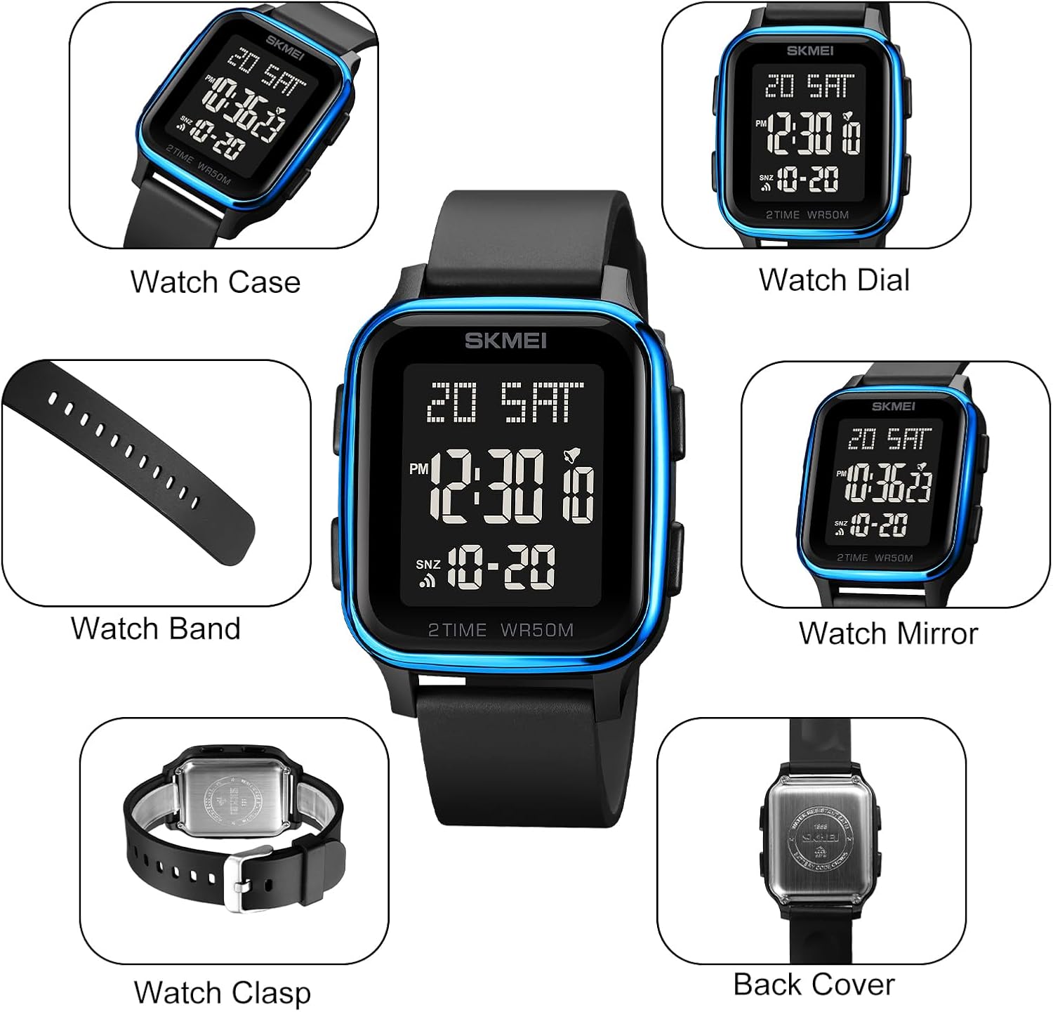 Exploded view of SKMEI 1858 watch components including watch case, dial, band, mirror, clasp, and back cover