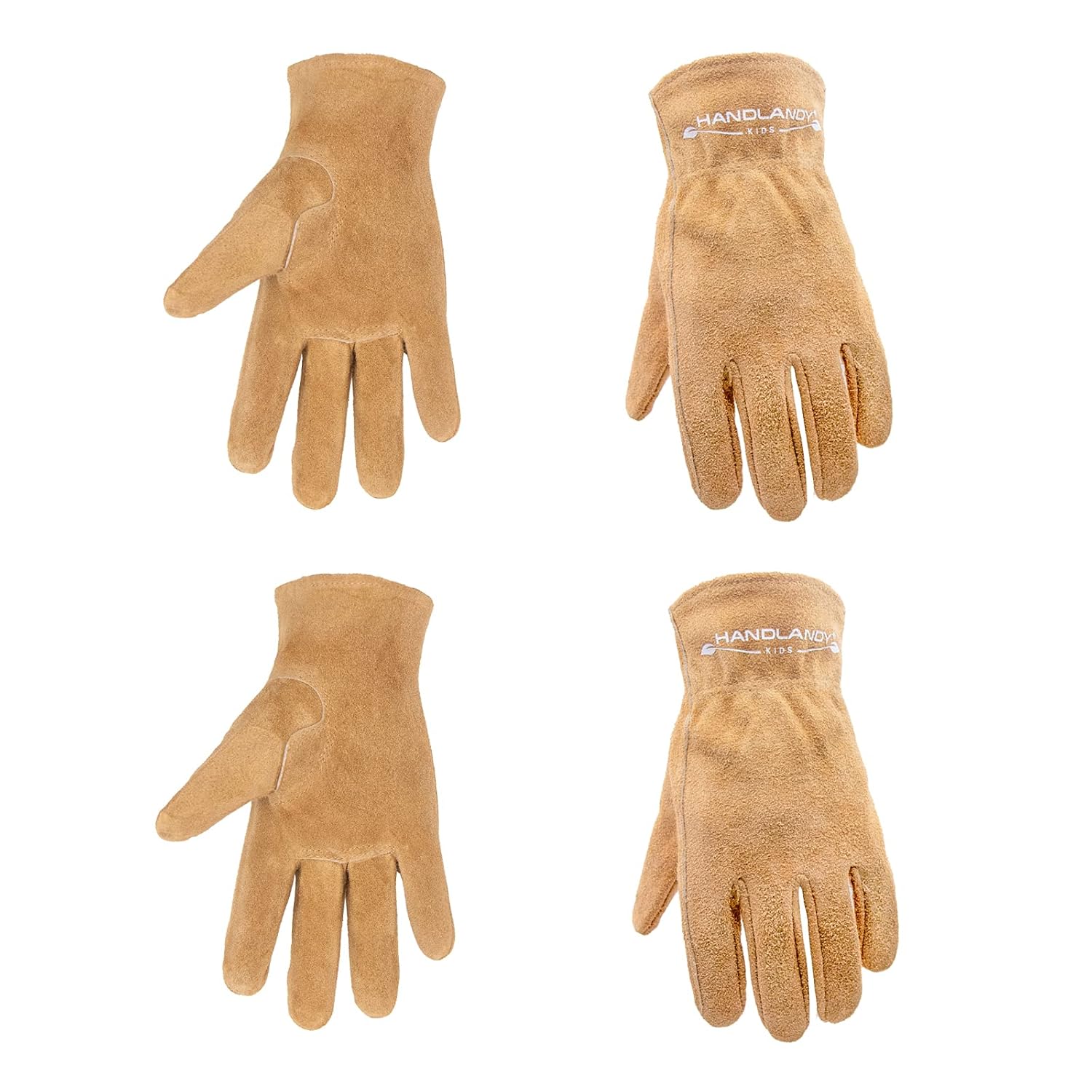 Guantes de trabajo de cuero para niños, 2 pares de guantes de jardinería para niños, guantes de jardín de piel de vacuno para niños de 2 a 9 años (grande de 7 a 9 años), color marrón