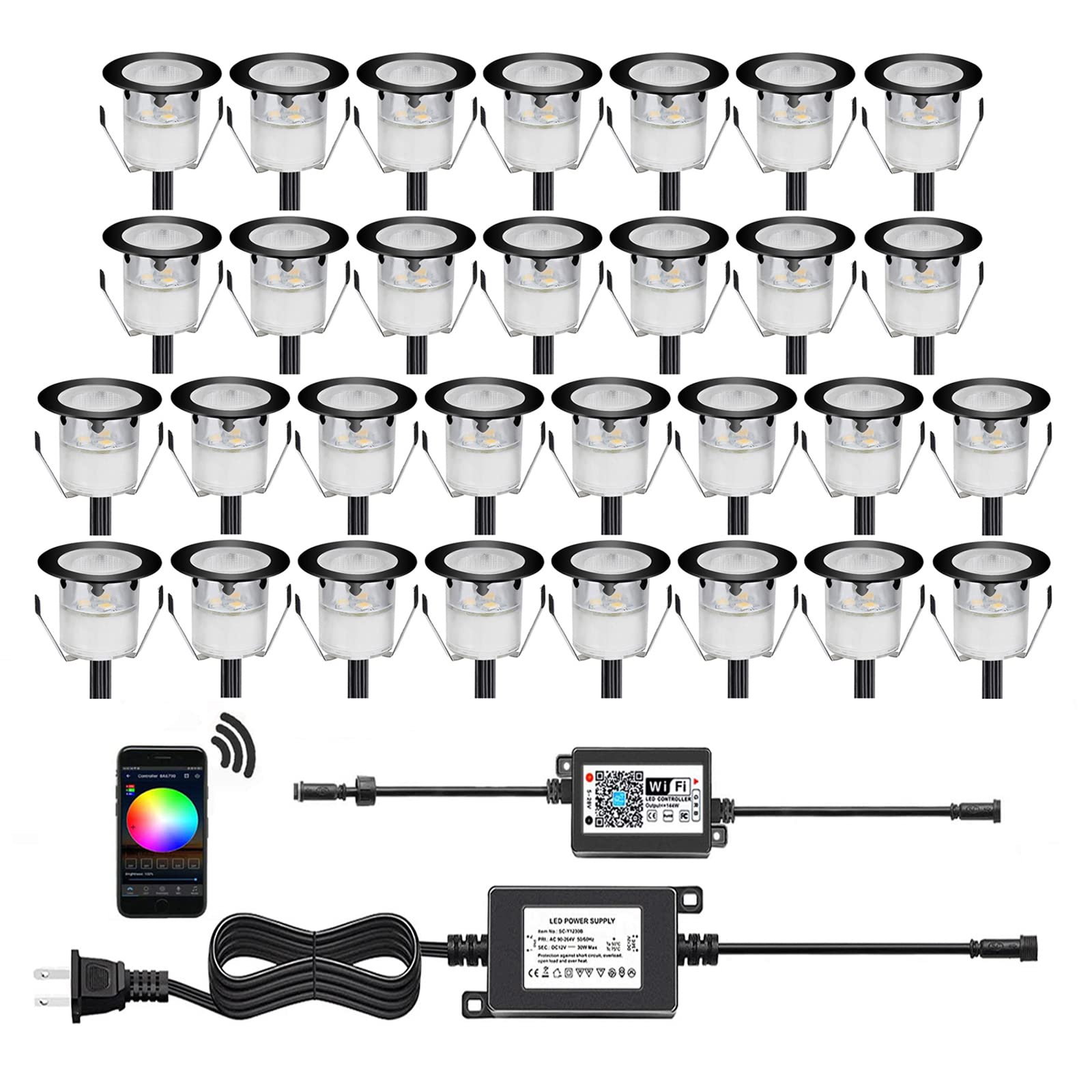 WiFi Controlled LED Deck Lights Multi Color RGB Outdoor IP67 Waterproof Φ1.18 Low Voltage Step In-Ground Lights,Smart Phone APP Controlled,Compatible with Alexa Echo and Google Home(30Pcs) RGB-WIFI 30pcs(Black border)