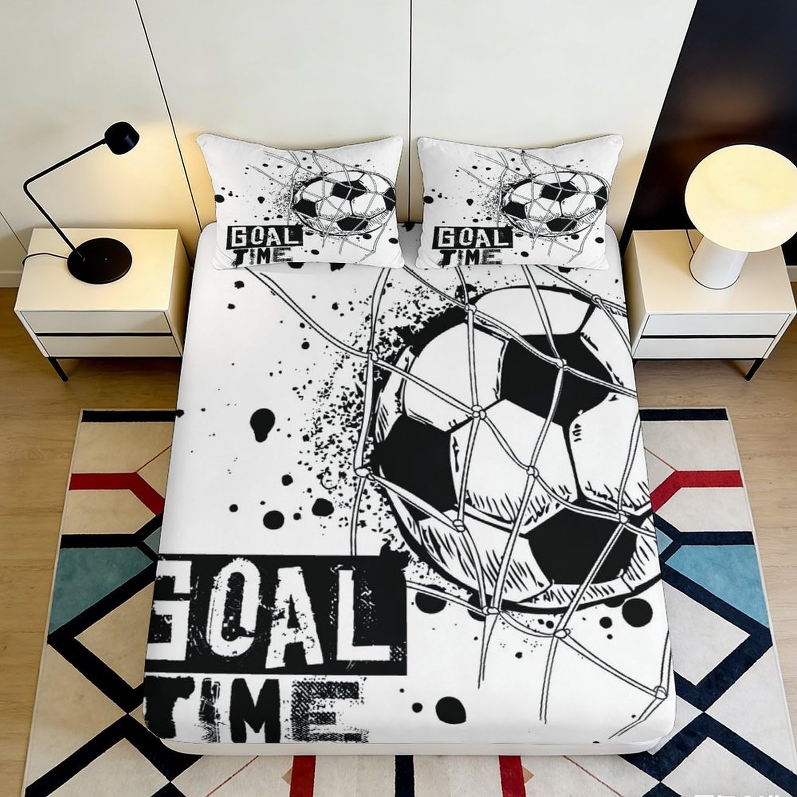 3D Printed Soccer Goal Fitted Sheet Microfiber Black White Football Net Bed Cover for Bedroom Guest Room Dorm 120x200x25cm