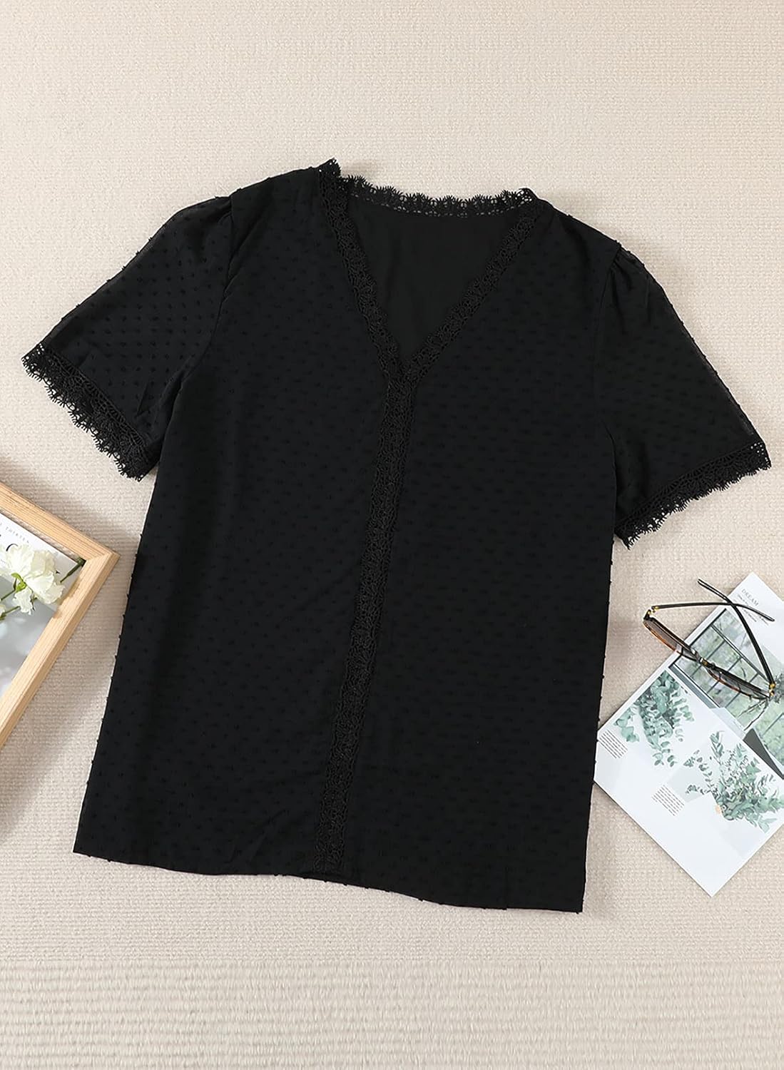 Eytino Womens Plus Size Tops Casual Summer Short Sleeve V Neck Lace Crochet Chiffon Blouses Shirts(1X-5X) - Image 4