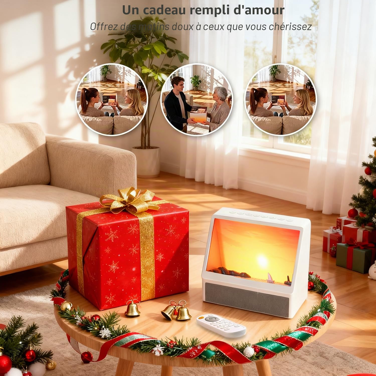 Réveil Lumineux Simulateur d'aube, Veilleuse Machine Bruit Blanc Animation Créative d'aube Simulée Avec 7 Modes, 12 Sons Naturels, Enceinte et Télécommande, Sunset Lampe Chevet Cadeau Noel Femme