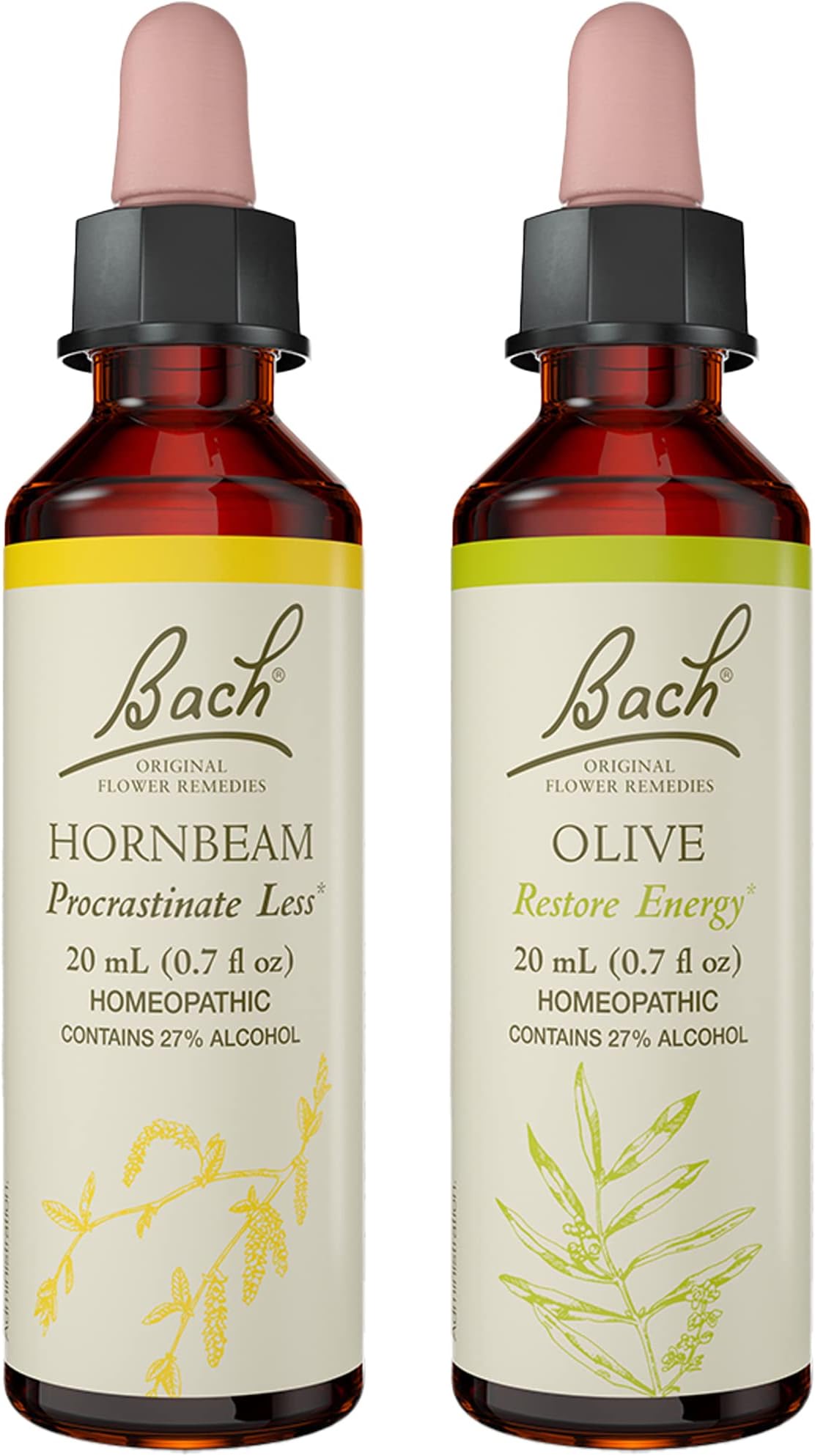 Bach Original Flower Remedies 2-Pack,"Be Mentally Alert" - Olive, Hornbeam, Homeopathic Flower Essences, Vegan, 20mL Dropper x2