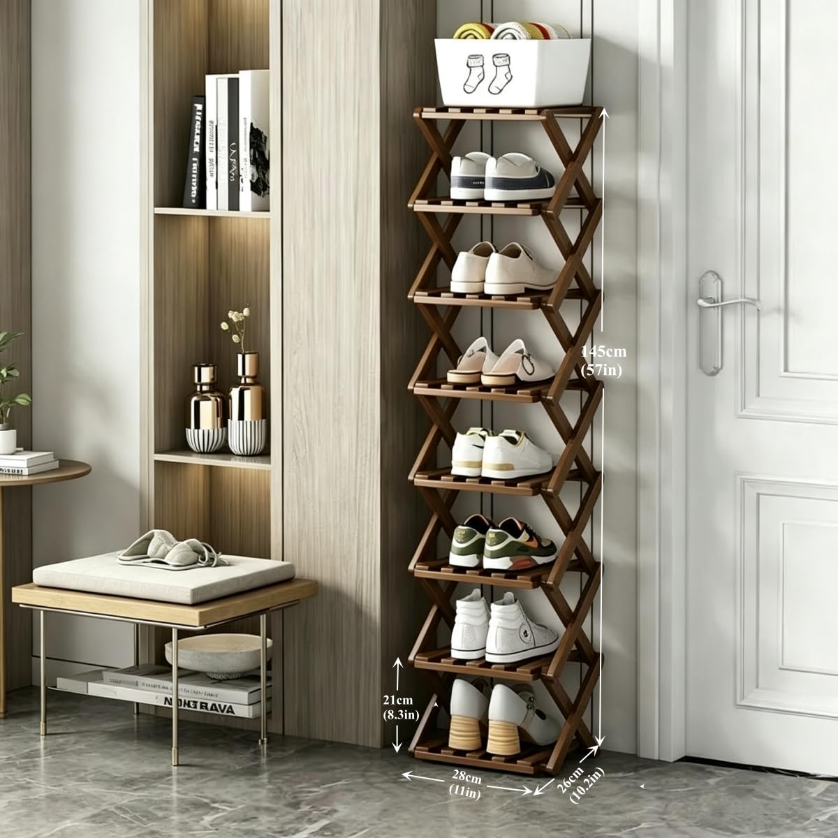 XZXWZX Foldable Shoe Rack, Bamboo Vertical Shoe Organizer Tall for