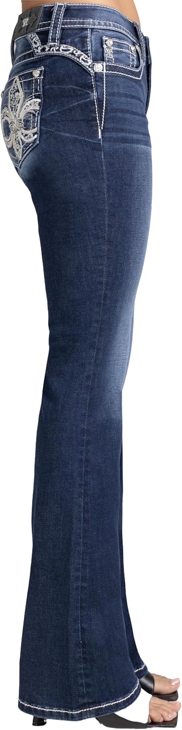 Miss Me Women's Rhinestone Fleur de Lis Embellished Pockets Mid-Rise Bootcut Jeans