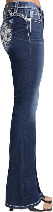 Miss Me Women's Rhinestone Fleur de Lis Embellished Pockets Mid-Rise Bootcut Jeans