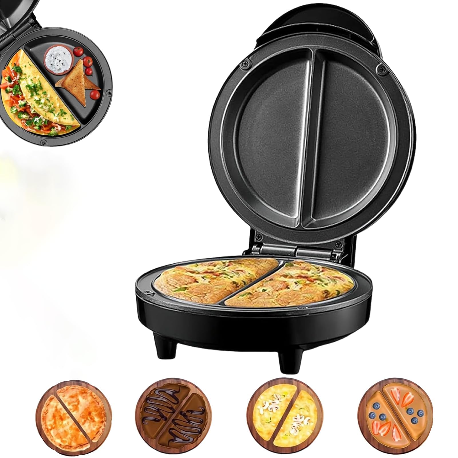 Dwustrefowa elektryczna maszynka do omletów, elektryczna maszynka do omletów, szybka dwustronna kuchenka do jajek o mocy 1000 W z łatwą do czyszczenia podstawą antypoślizgową, uchwytem zapobiegającym