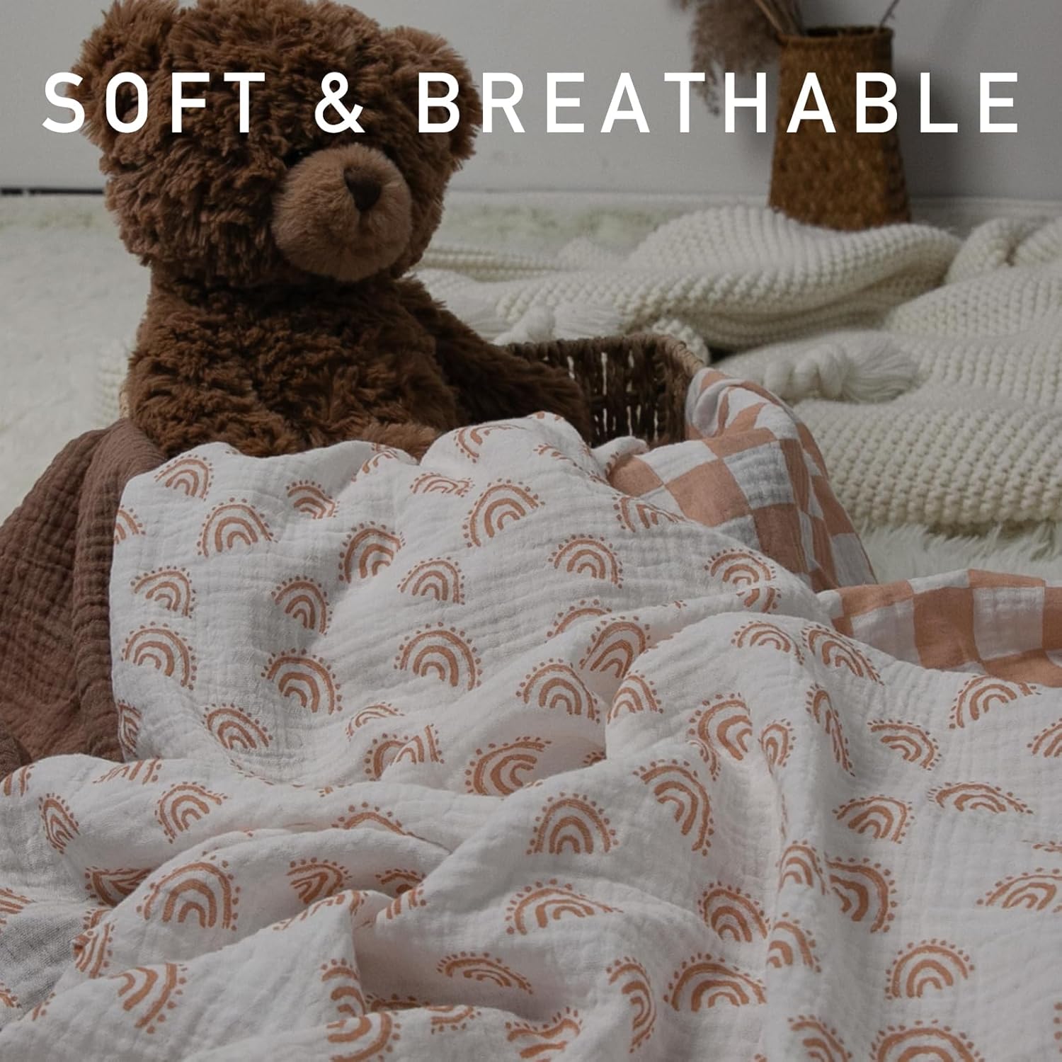 Muslin Swaddle Blankets for Newborn, 3 Pack Breathable Soft Receiving Blanket, Large 38 x 40 inches Swaddle Wrap Burping Clothes Diapers, Essentials Infant Shower Items, Toddler Gift (Rainbow & Grid) - Image 4