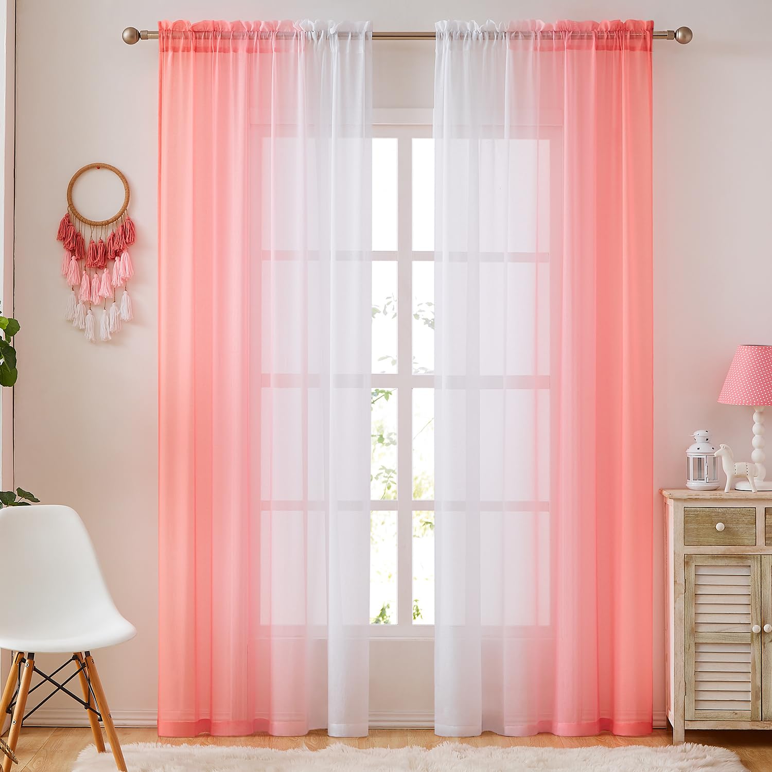 July Joy Ombre Faux Linen Sheer Curtains for Girls Bedroom Rod Pocket, 2 Tone Reversible Gradient Voile Semi Window Curtains,Privacy and Light Filtering, Set of 2 Panels, Blush, 54 x 96 Inch Length