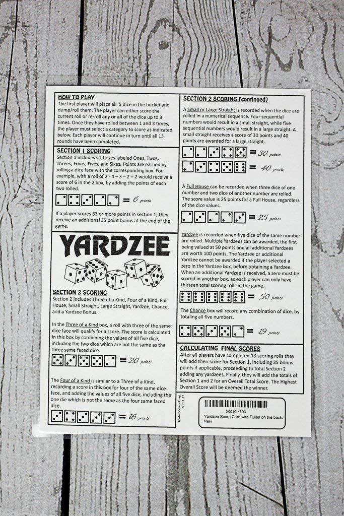 Yardzee Score Cards with Rules on the Back, Laminated Yardzee Score