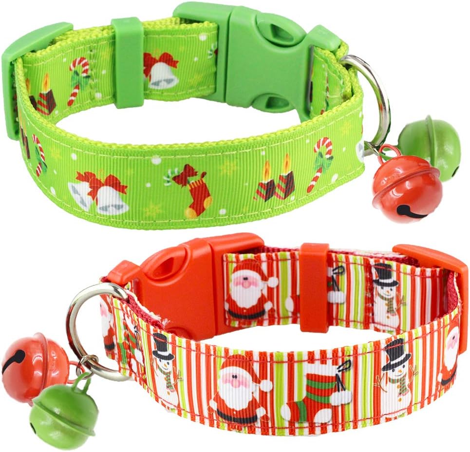 2 Pack Cute Soft Adjustable Sturdy Nylon Festive Christmas Holiday Collars with 2 Bells for Medium to Large Dogs, 1 Inch Wide (12"-17")
