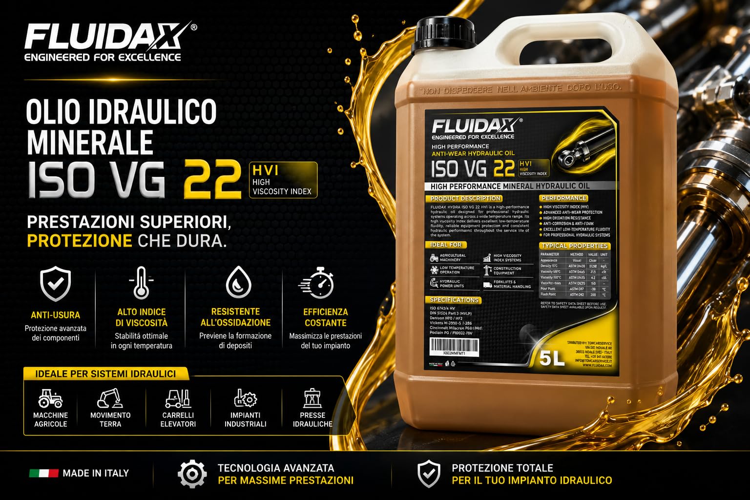 Olio Idraulico ISO VG 22 HVI 5 Litri – Lubrificante Idraulico ad Alto Indice di Viscosità – Antiusura, Anticorrosione e Antischiuma – per Trattori, Escavatori, Muletti e Impianti Idraulici