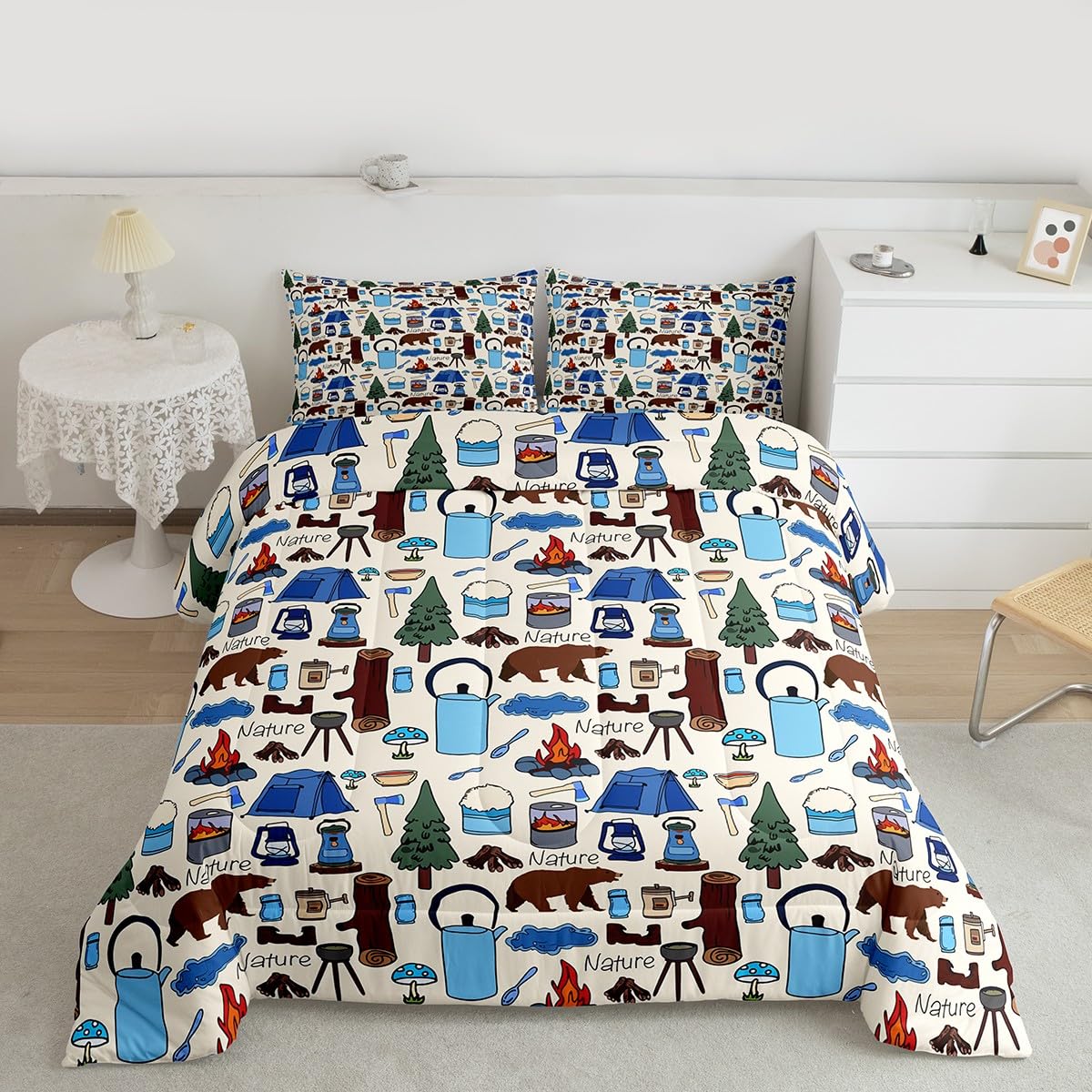 Feelyou Bear Bedding Set Boys Wild Animal Comforter Set for Kids Teens Nature Wildlife Bear Bedding Set Botanical Tree Rustic Cabin Country Beige