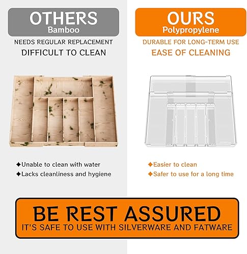 Vista 4 de Yieach Organizador de Cajón de Cubiertos Expandible Transparente - Se Ajusta de 11'' a 22'' - Organizador de Cuchillos, Cubiertos, Cucharas