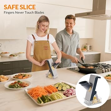 FEICO Safe Mandoline Slicer for Kitchen, Adjustable 0.5–8 mm, Stainless-Steel Blades, Anti-Slip, Dishwasher-Safe Handheld Mandoline Slicer, Compact Mandoline Food Slicer