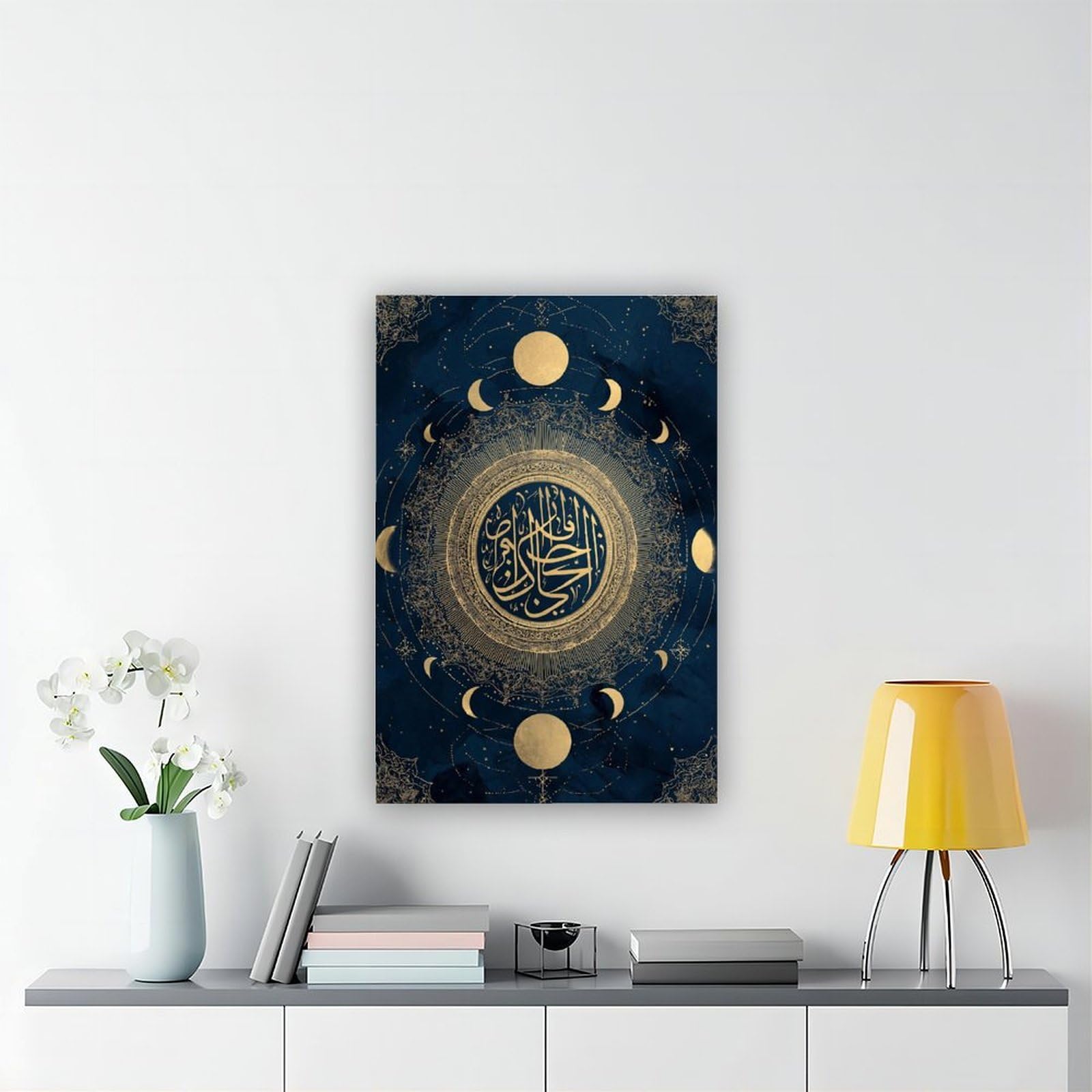 YWTJAX Poster su tela con fasi lunari, color oro, blu navy, per la
