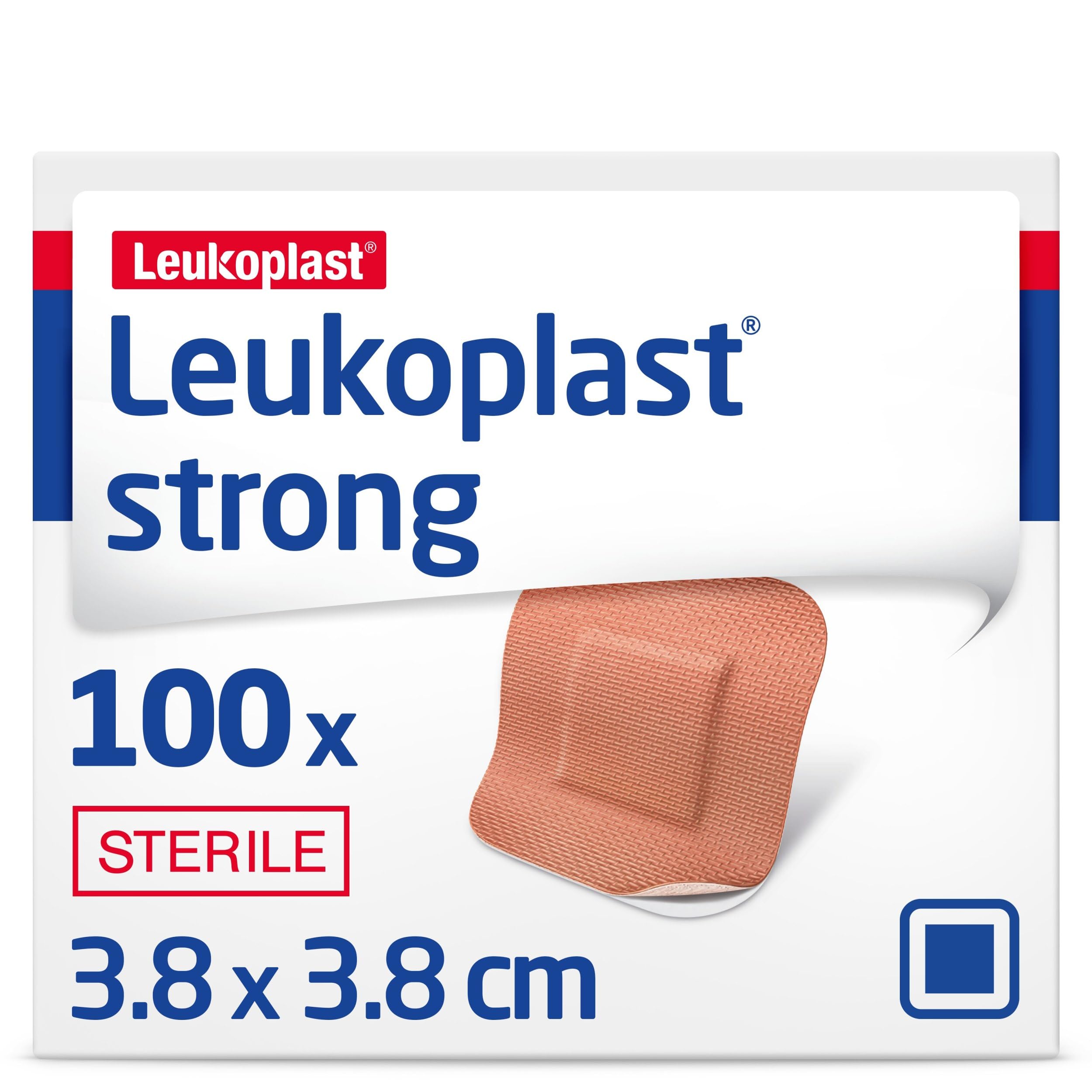 Leukoplast Strong - Sterile, Strong Adhesion, Absorbent, Breathable and Water-Repellent - Beige, 3.8 cm x 2.2 cm, Box of 100