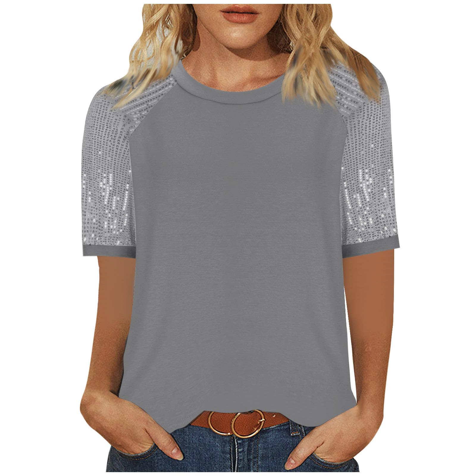 Women Sequined Splicing Short Sleeve T-Shirt Sparkle Sequin Party Club Blouses Glitter Summer Beach Vacation Shirt