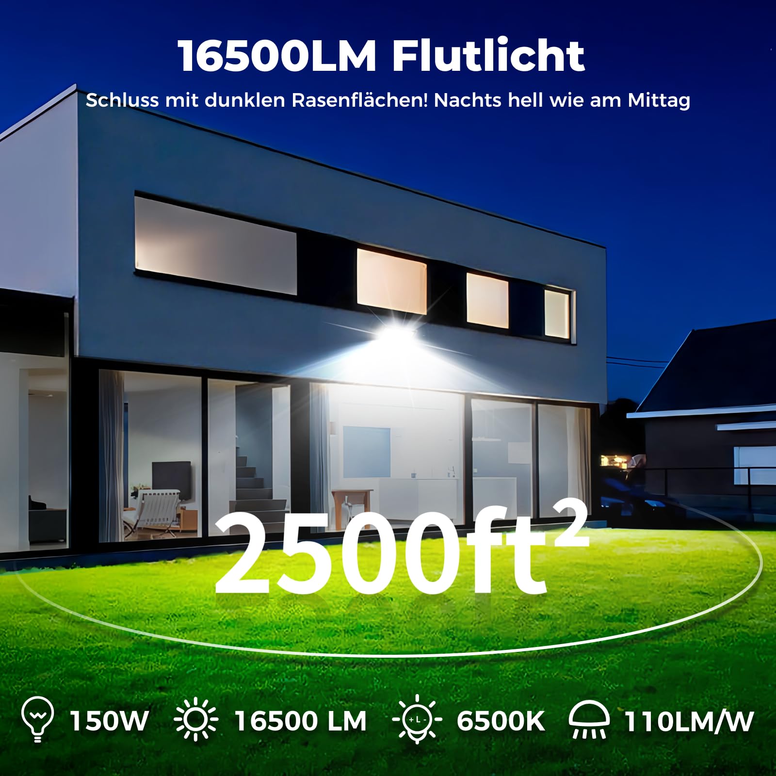 LED Strahler Außen 150W 16500LM 6500K Tageslicht IP66 Wasserdicht 2 Stück