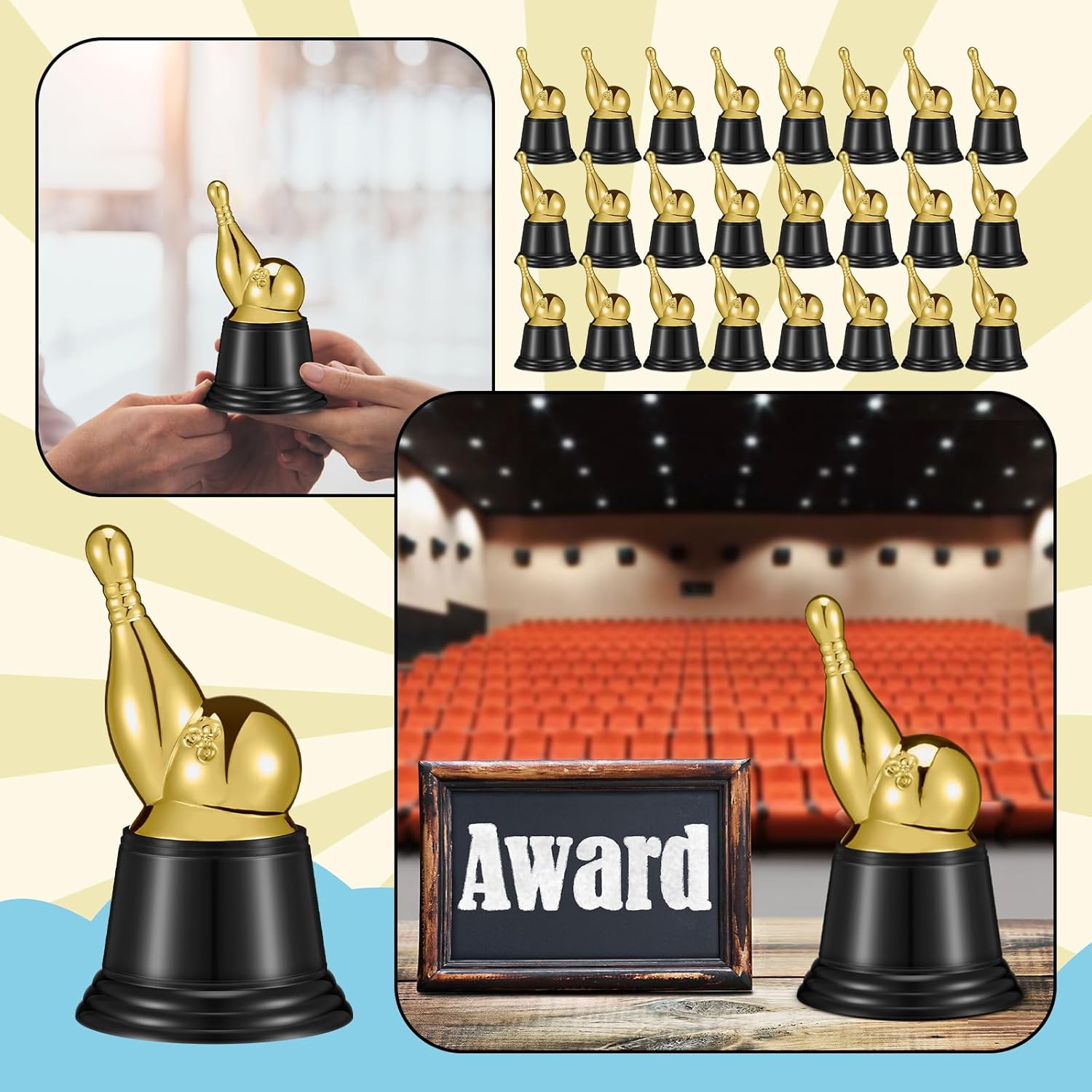 Landical 24 Pcs Bowling Trophies Bulk 5.1 Inch Mini Bowling Pins Gold Plastic Strike Funny Award Trophy with Black Base for Party Decorations Graduation Awards Prize Winner Gift Competition
